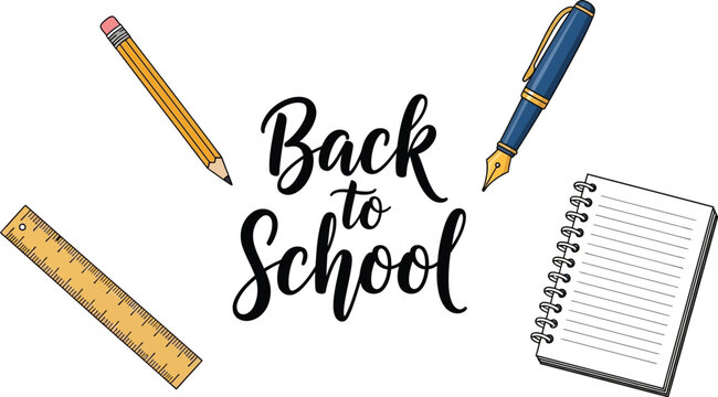 Vector art of a collection of school supplies with back to school lettering, , symbolizes the tools and inspiration needed for a successful academic journey