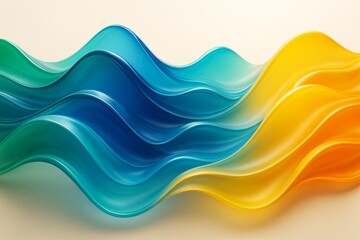 Poster - Abstract colorful wave shapes in teal, blue, and yellow tones flowing smoothly on a light background, modern fluid motion concept graphic art.