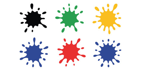 Poster - Six colorful paint splatters arranged in two rows on a white background in a vector graphic style