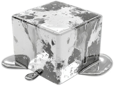 A metallic cube with liquid metal dripping from its base isolated on transparent background