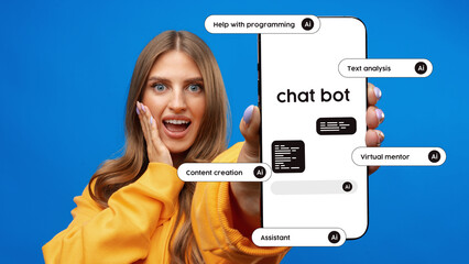 Poster - Excited user showcasing chatbot capabilities with smartphone against bright blue background