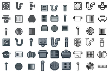 Poster - Plumbing and pipework icons set – linear, outline, water system graphics collection