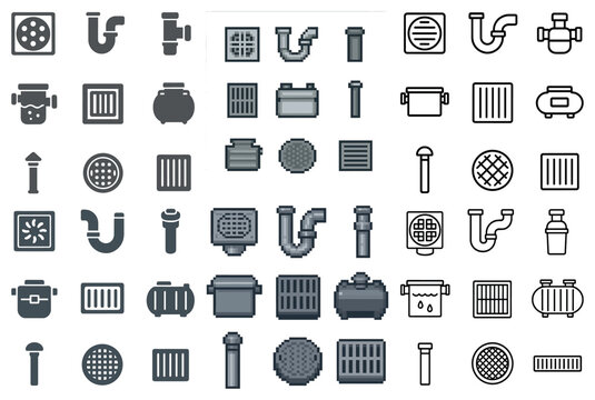 Plumbing and pipework icons set – linear, outline, water system graphics collection