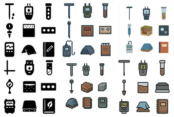 Poster - Geology and mining pixel art icons set – exploration, outline, earth science graphics