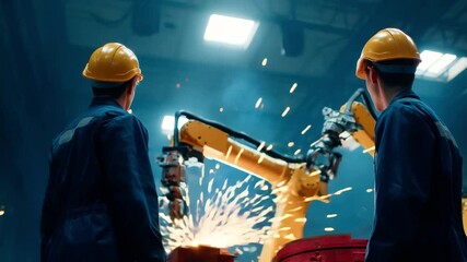 Poster - Workers in Factory Observe Robotic Arm Welding Metal with Safety Helmets for Industrial Safety