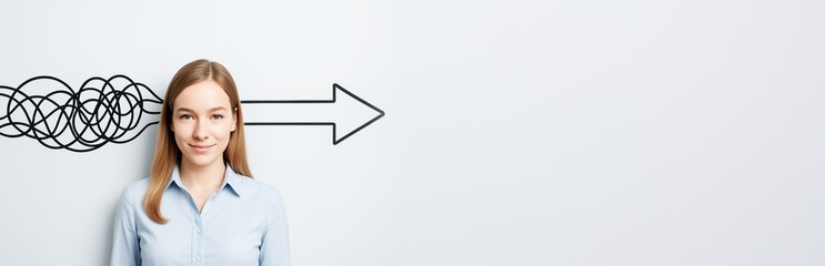 Poster - Woman standing in front of abstract arrow with chaotic lines turning into clarity, concept of problem solving and focus on clean light background.