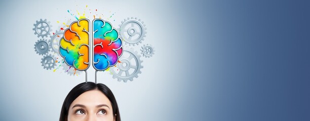 Poster - Woman looking up at colorful brain illustration with gears on gradient background, symbolizing creativity and logic for banner or poster concept.