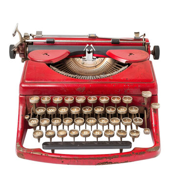 Vintage red typewriter, showing wear