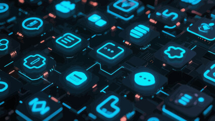Poster - Futuristic technology interface with neon icons and glowing circuit patterns