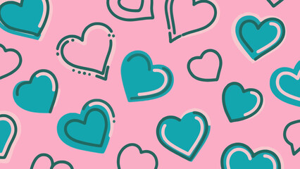 Poster - Playful pink background with teal heart illustrations and outlines pattern