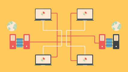 Poster - Illustration showing a network of computers servers and globes connected by lines on yellow background
