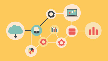 Poster - Illustration showing a network of connected icons representing data and technology on a yellow background