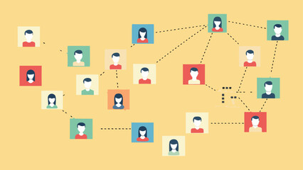 Poster - Network of people connected with lines on a yellow background representing social connections and relationships