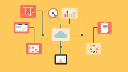 Poster - Illustration showing a cloud computing network with connected devices and data visualization charts