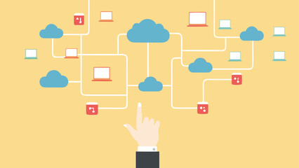 Poster - Illustration of a cloud network with computers and a hand pointing at the central cloud node