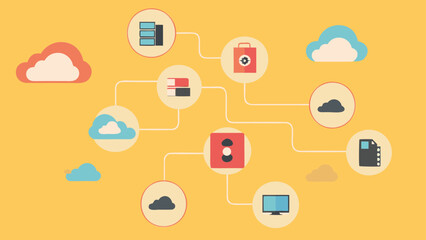 Poster - Illustration of a network with clouds, server, monitor, and other connected devices in yellow background
