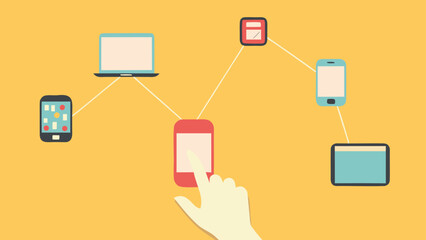 Poster - Devices connected in a network with a hand touching a smartphone on a yellow background illustration