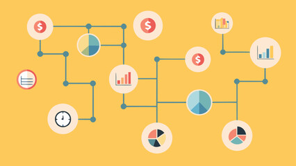 Poster - Illustration showing a network of business and finance related charts on a yellow background color