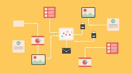 Poster - Diagram illustrating data flow with documents, charts, and connections on a yellow background