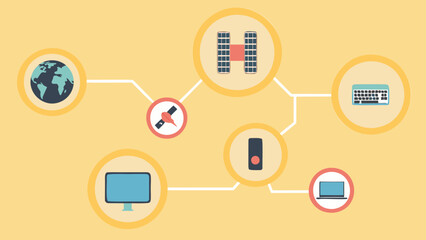 Poster - Illustration of a global network with devices connected to a satellite system in circles