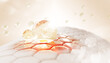 © marozhkastudio - 3d skin cells with gold oil drops, liquid serum or collagen gel. Epidermis layer with red damaged skin area, hexagon pattern. Repair, treatment, moisture, nourish from redness or acne. 3D illustration