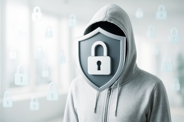 Fototapete - Cybersecurity concept showing hooded figure with padlock shield replacing face on abstract light background, symbolizing online privacy and protection.