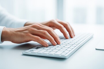 Poster - Close-up of hands typing on white keyboard in bright office environment with soft focus background illustrating modern tech workspace concept.