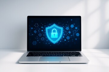 Fototapete - Cybersecurity shield icon glowing on laptop screen with hexagonal tech graphics on dark interface, on white desk with shadowed light background.