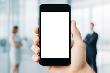 Poster - Hand holding smartphone with blank screen for mockup against business office background, perfect for marketing, technology, or template design use.
