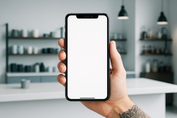 Poster - Hand holding smartphone with blank screen in modern kitchen background for mockup or advertising template concept. Ai generative.