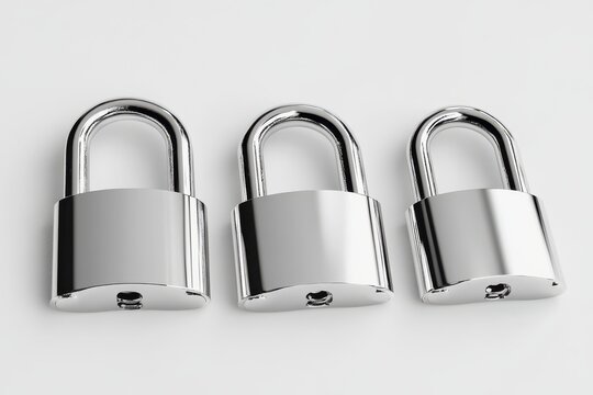 Three silver locks with a keyhole in the middle. The locks are arranged in a row. Three metallic padlocks with reflective surfaces on a white background, 3D Rendering.