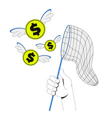 Poster - Catch discount 2D onboarding ui illustration. Catching flying dollar coins with net. Fleeting money. Gamified reward cashback cartoon concept isolated on white. Flat abstract vector metaphor