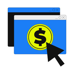 Poster - Online payment click with dollar 2D onboarding ui illustration. Browser windows with financial coin. Pay checkout. Digital transaction cartoon concept isolated on white. Flat abstract vector metaphor
