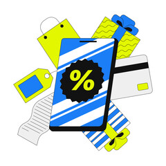 Poster - Mobile shopping and discount marketing 2D onboarding ui illustration. Smartphone percentage, cashback, receipt, ecommerce gifts cartoon concept isolated on white. Flat abstract vector metaphor