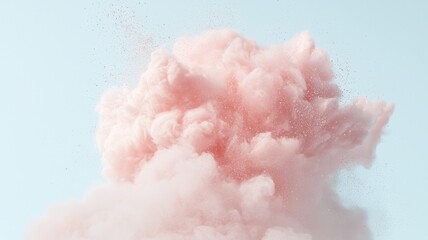Poster - Vibrant bursting powder soft into pink cloud, spreading against pastel blue backdrop for cosmetic visual design