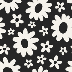 Wall Mural - daisy flowers pattern. seamless black and white floral background design with blossoms in groovy ret