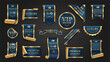 © yayasya - Set of gold and blue premium quality and VIP labels with elegant ribbon designs, ideal for branding, packaging, or ecommerce badges. Vector illustration.