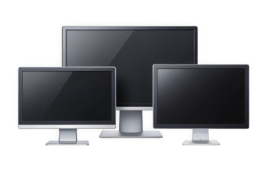 Three computer monitors displaying technology isolated on transparent background