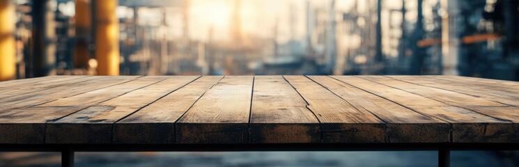 Poster - A rustic wooden surface showcases a warm ambiance in an industrial setting. Soft lighting highlights the texture, ideal for product displays or photography.