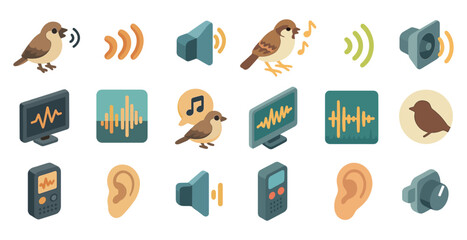 Poster - Bird sounds isometric icons set – flat, filled, audio and communication symbols
