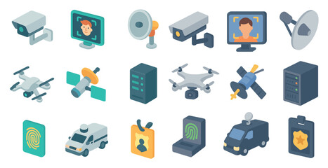 Poster - Security and surveillance icons set – isometric, camera, monitoring symbols