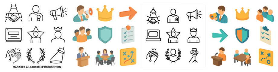Poster - Business leadership icons set – flat, outline, management and team symbols