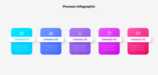 Fototapete - Vibrant infographic with five gradient colored blocks and icons, perfect for illustrating steps, business processes, or data flow visually