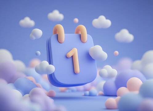 3D rendered calendar icon with number 1 and clouds around