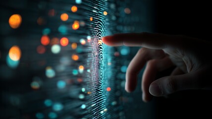 Poster - Exploring biometric technology through a fingerprint scan illuminated by colorful lights