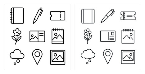 Poster - Travel and planning outline icons set – linear, flat, trip symbols