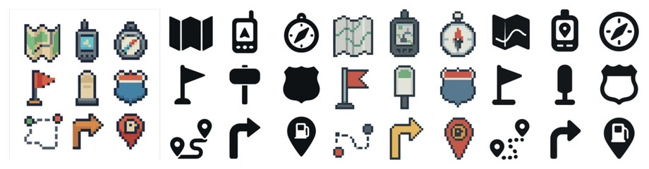 Poster - Navigation and map pixel art icons set – location, 3d, travel and direction symbols