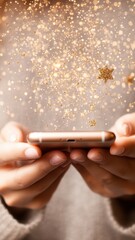 Poster - Woman scrolling digital device, golden glitter sparkling from screen, reflecting modern communication and stylish technological engagement
