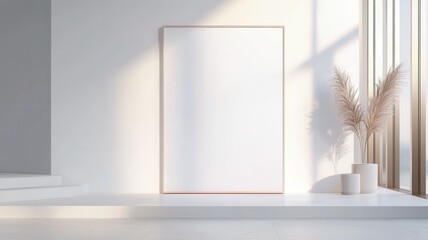 Poster - Soft sunlight illuminating empty frame mockup near pampas grass, highlighting minimalist interior design aesthetic