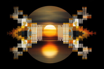 Aufkleber - Abstract horizon line, native weaving inspired pattern, digital art, sunset reflection, clean geometric shapes, warm color palette, serene mood